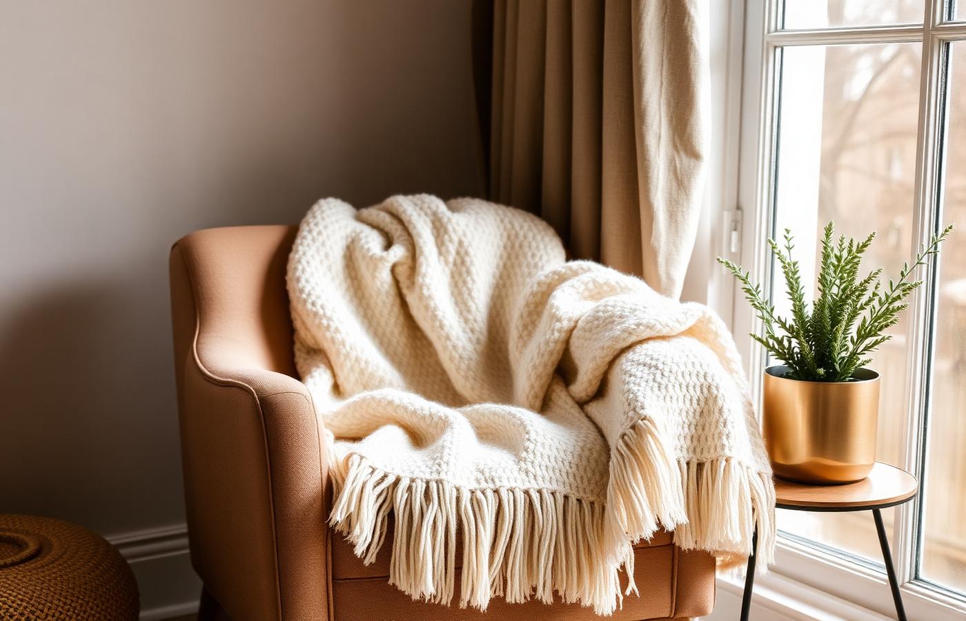 A soft cream blanket draped on a warm taupe armchair by a sunlit window