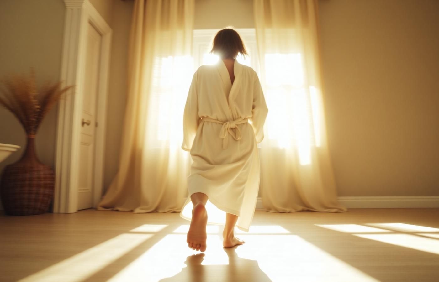 A person walking barefoot in a cream linen robe through morning light