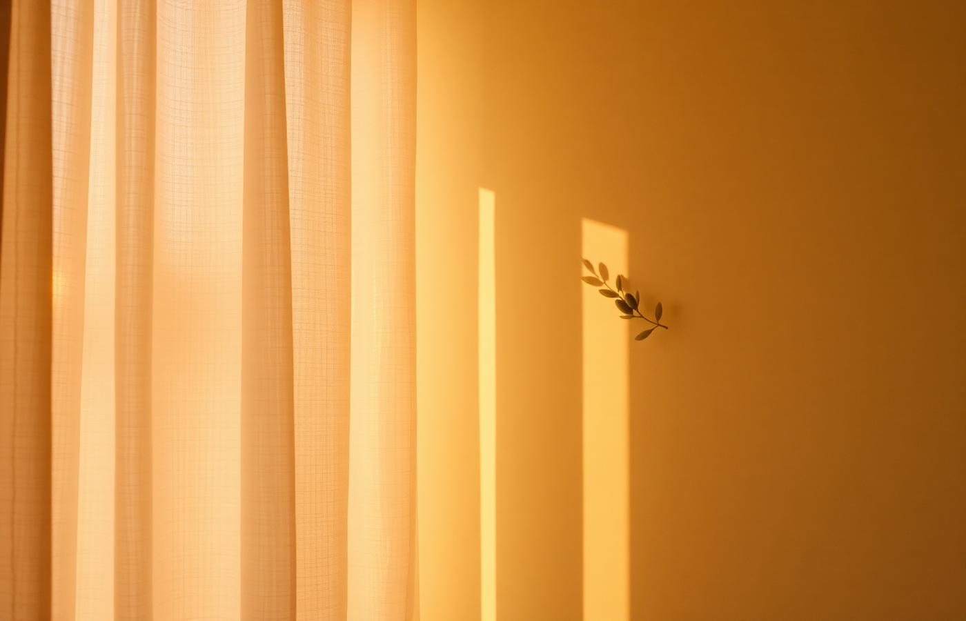 Golden dusk light falling on a soft cream wall with an olive branch shadow