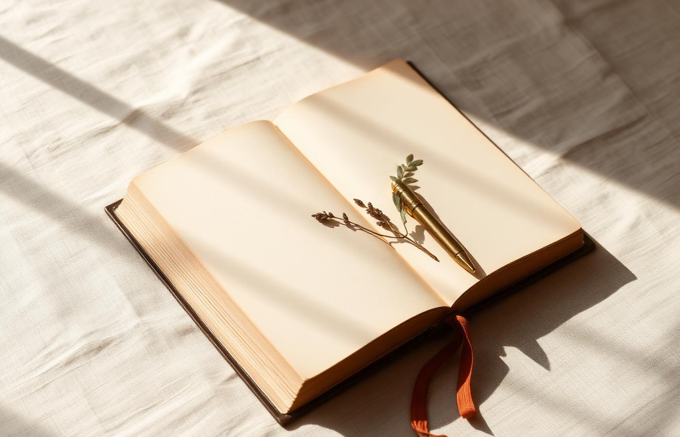 An open journal with a bronze pen resting on warm cream linen