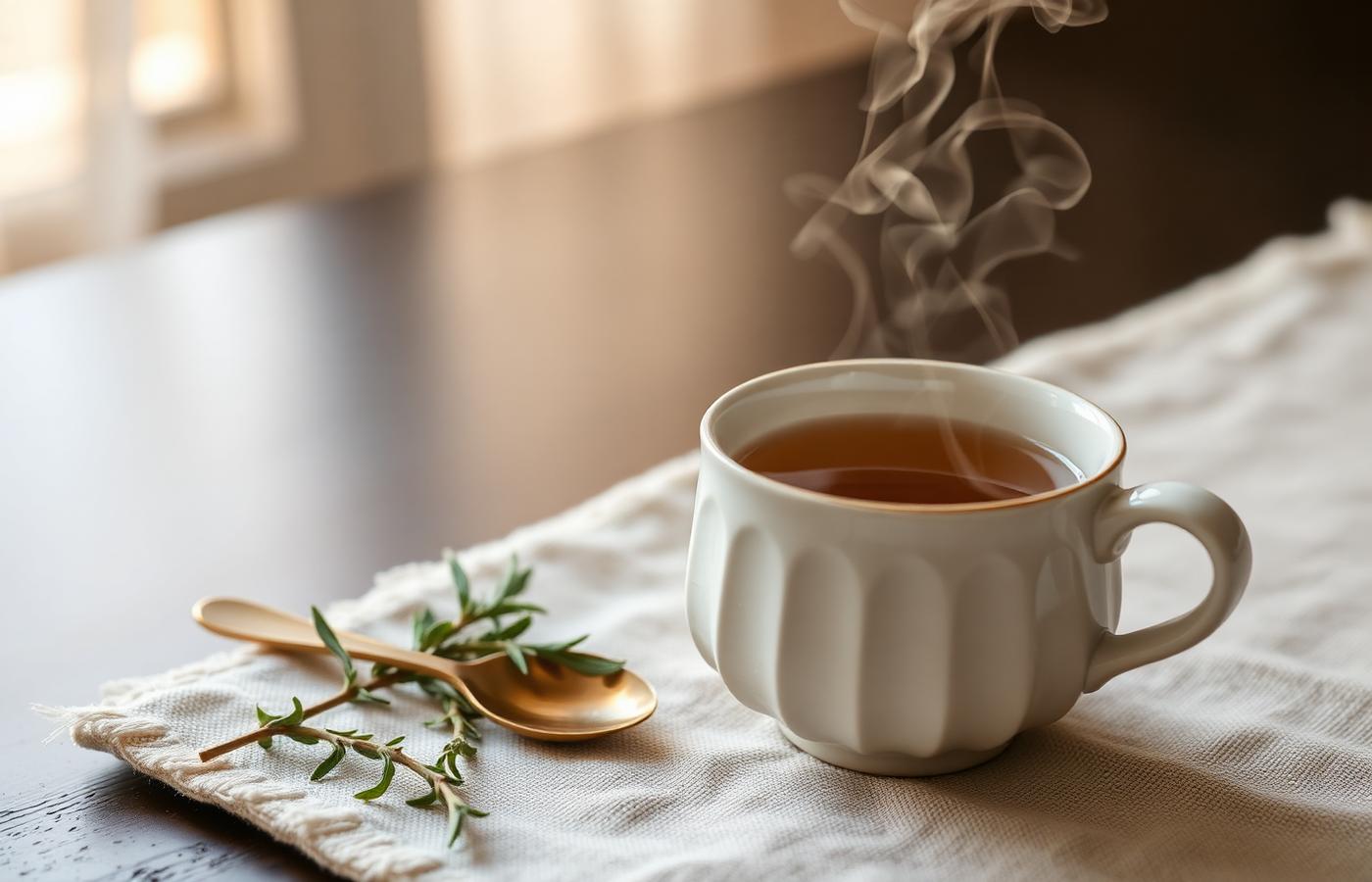 A ceramic cup of herbal tea with rising steam on a linen runner