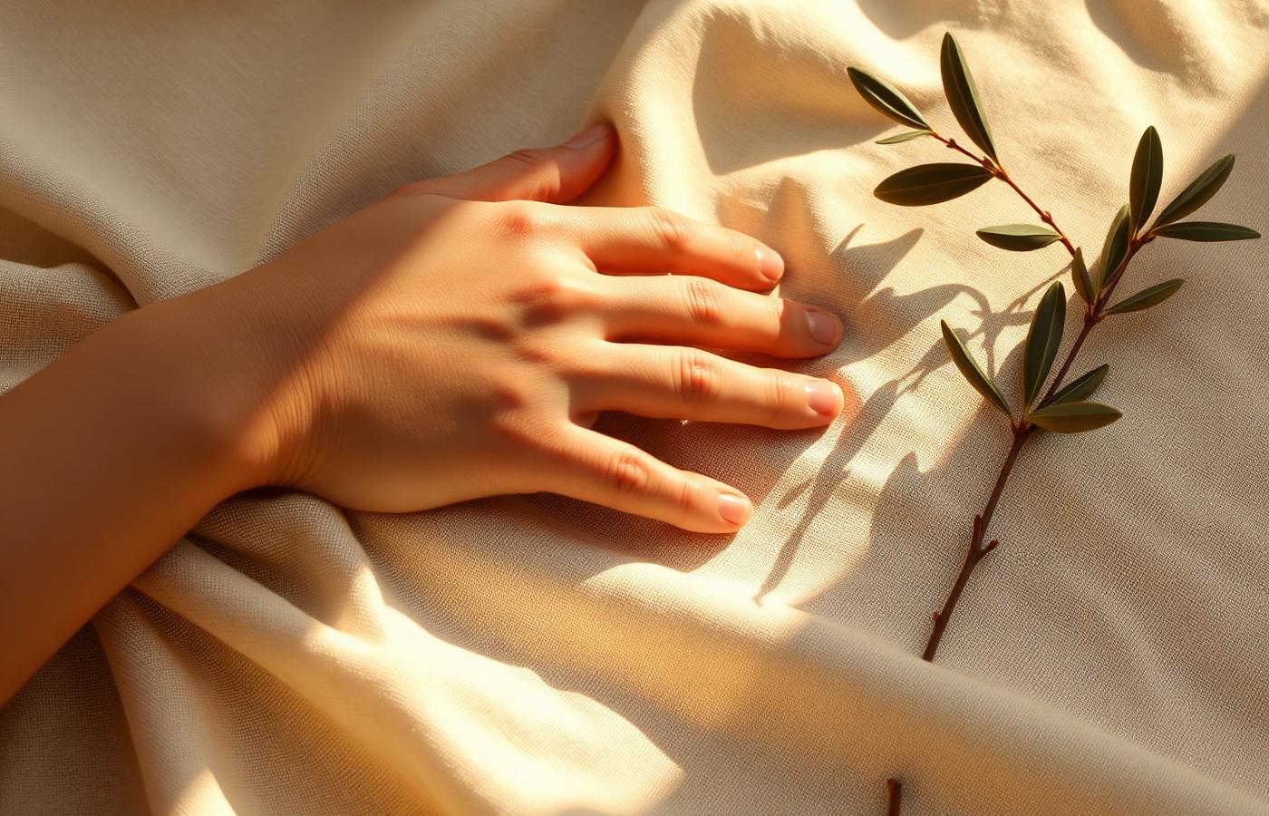 A hand resting gently on warm cream linen in soft sunlight